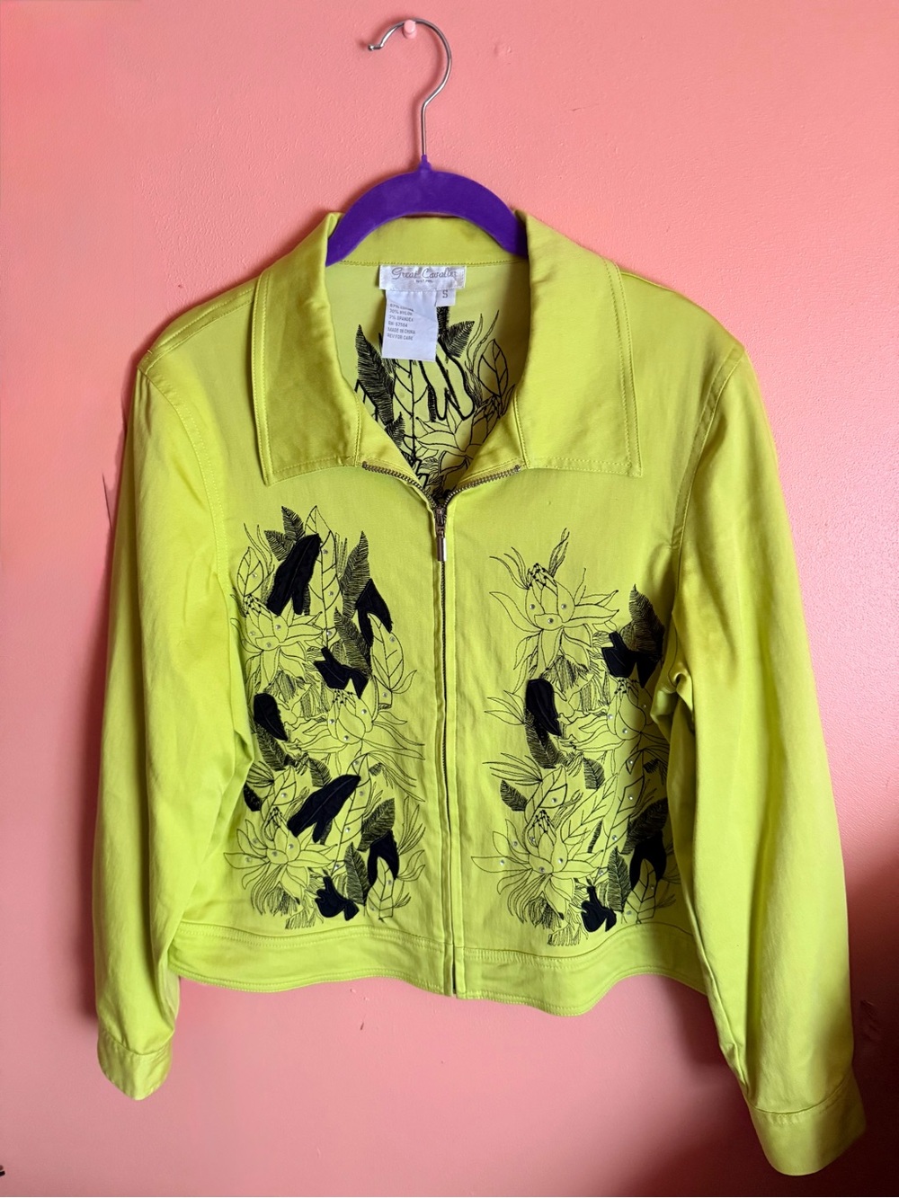 Vintage 90s Great Cavalier Lime Green Floral Embroidered Jacket by